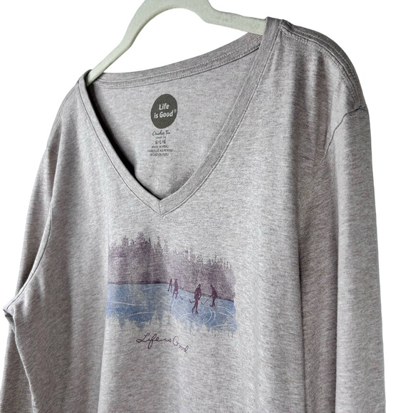 Life is Good Tan Ice Hockey Theme V-Neck Long Sleeve T-shirt Womens Large - Picture 4 of 11